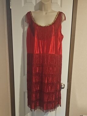 Red Fringe Sleeveless Flapper Style Dress with Gold Trim Used